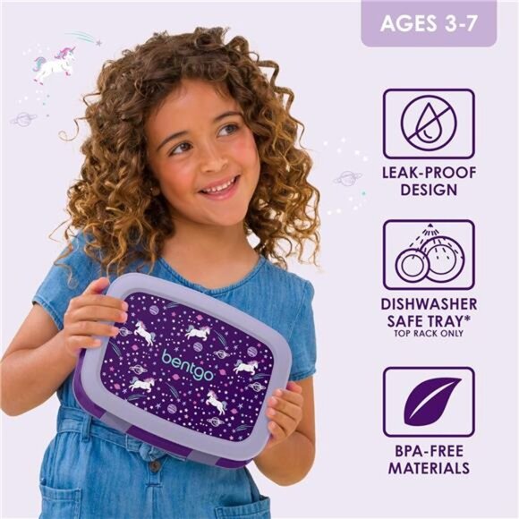Kids Unicorn Purple Prints Leak-Proof 5-Compartment Bento-Style Lunch Box - Picture 3 of 6